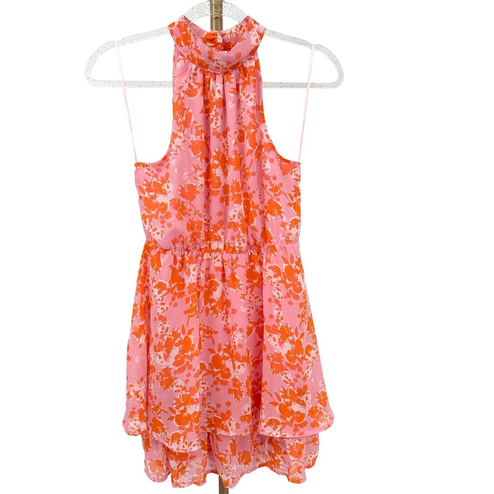 Floral Halter Mini Dress Ruffle Tiered‎ Small Pink Orange Summer Resort Romantic